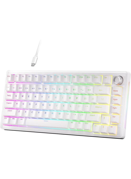 Dierya DK81E Teclado Mecánico Gaming 75%,Teclado Mecánico Gasket con Knob,RGB Hot Swap Switches Lineales Cremosos,Compacto 81 Teclas Anti-Ghosting,Disposición QWERTY-US,Blanco