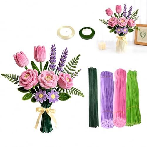 Limpiapipas de colores para manualidades 320 piezas – set completo con limpiapipas verdes, rosas y morados, tallos de flores, cinta floral y lazo – ideal para decoración, regalos y proyectos
