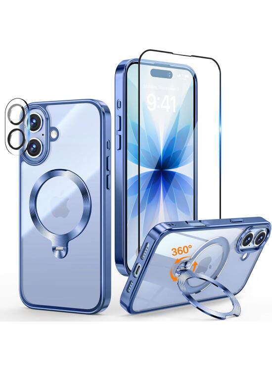 3 en 1 Funda Magnética para iPhone 17 6.3" [360° CD Soporte Invisible para MagSafe] [con Protector Pantalla & Protector Cámara] [Nunca Amarillo] Protección Militar Antigolpes, Azul