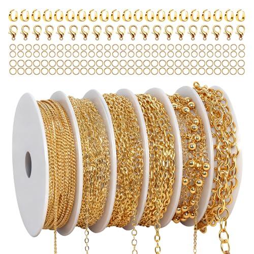 Lahnaokfis 14 m 6 Rollos Cadena Acero, Cadena Eslabones Hacer Joyas Cadena Por Metros Collares Enlace Metal Collar, Manualidades Kit Collar DIY con Anillos de Salto y Cierres de Langosta (Dorado)