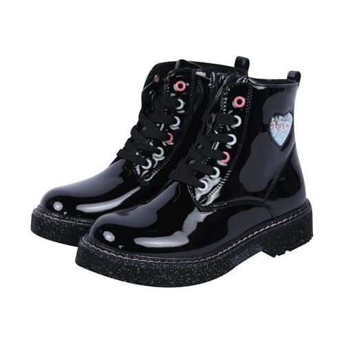 A2Z 4 Kids Botas negras con diseño de corazón con purpurina y cordones y cremallera lateral, ajuste cómodo, suela antideslizante, para fiesta, escuela, zapatos de moda, para niños, talla 11 a 5 para