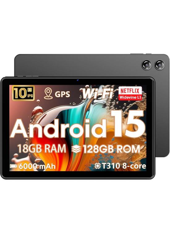 Tablet 10 Pulgadas Android 15, 18 GB RAM + 128 GB ROM, Google GMS, Expandible a 1 TB, Compatible con Widevine L1, Procesador Octa-Core con 2.4G+5G WiFi 5, BT 5.2, Batería de 6000 mAh, GPS, Cámara Dual