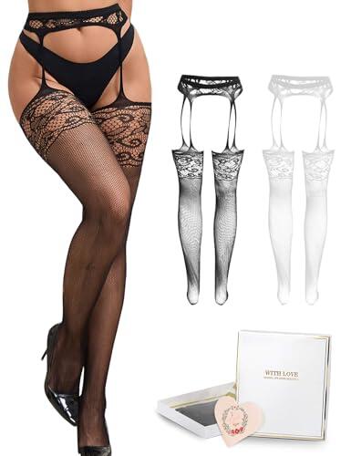 ohyeahlady Medias Liguero Sexy Mujer Talla Grande Mallas De Encaje Ajustables Medias De Red Liguero Cintura Alta Tights Rejilla Elástica Conjunto Lencería Femenina Ropa Interior Negro+Blanco,XS-M