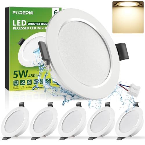 Forepin Downlight LED Techo Empotrable 5W, Focos LED Interior Techo 450LM, Blanco Neutro 4000K, IP44 Ojos de Buey Redondo, para Baño Cocina Salón, Extraplano 25mm, Φ68-80mm, Pack 6