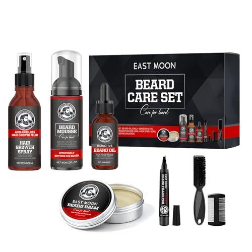 7 Piezas Set de Cuidado de Barba para Hombre, Regalos de Navidad para Hombre, Champú para Barba, Spray Crecimiento del Cabello, AceiteBarba, BálsamoBarba, Peine, Cepillo, Lápiz Rellenador de Barba
