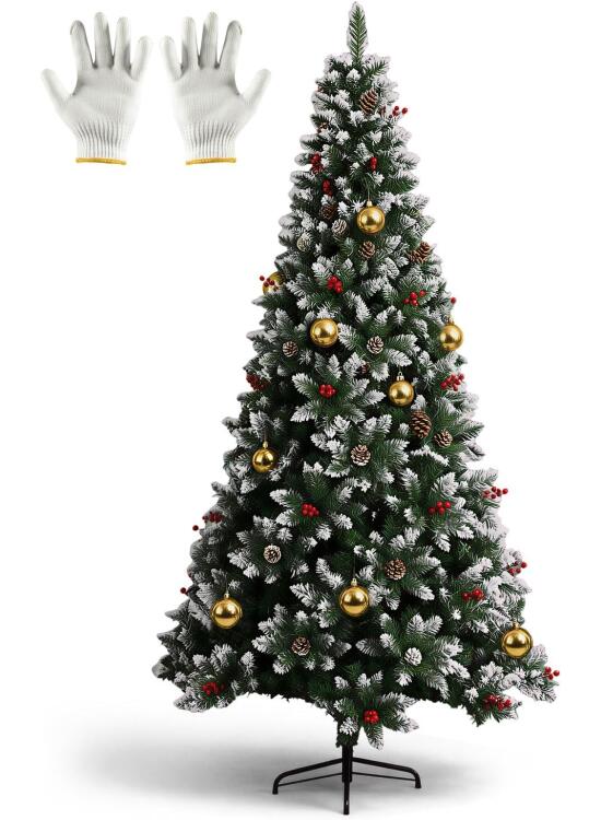 Árbol de Navidad Artificial de 180 cm con 800 Ramas Espesas, Decorado con 27 Piñas Naturales, 27 Racimos de Bayas Rojas, 6 Bolas Doradas Brillantes y Guantes, Decoración Navideña