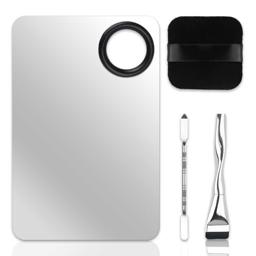 Juego de 4 espátulas de maquillaje con paleta de mezcla/espátula de base de maquillaje para base de maquillaje, bandeja mezcladora de metal, paleta de mezcla con brocha para base de maquillaje para