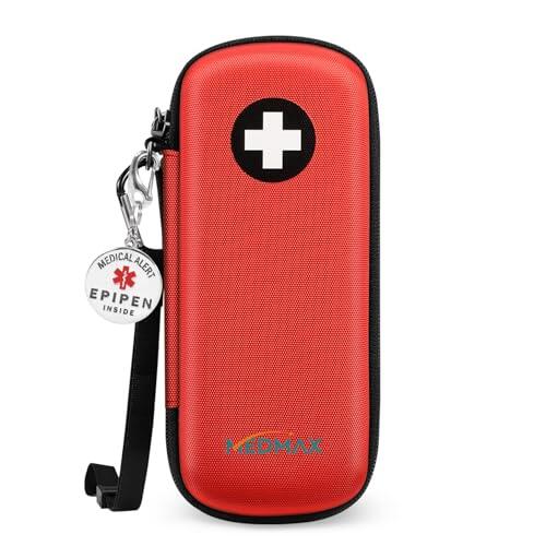 MEDMAX EpiPen Bolsa de Viaje con Etiqueta de Alerta EPIPEN Inside, Rígido Concha Dura Estuche, Portátil Medicamentos Organizador para 2 EpiPens y Allergy Medicine Essentials (Rojo)