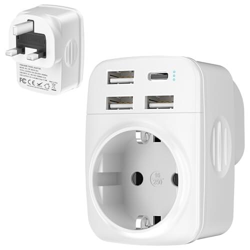 Hoppac 5 en 1 Adaptador Enchufe UK, Adaptador Tipo G con 3 USB A y 1 USB C para Irlanda, Hong Kong, Singapur, Malasia, Malta, Chipre, Catar y Pakistán