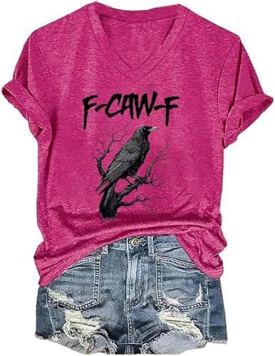 Camisa de Cuervo F-Caw-F Camisetas de Manga Corta F-Caw-F para Mujeres (Rojo L)