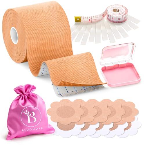 BLOOMORA Boob Tape Premium – Cinta Adhesiva Pecho con Pezoneras – Cinta Pecho Invisible 5cm – Adhesivo para Vestidos sin Tirantes – Accesorios Incluidos – Beige