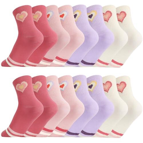 Xialvyu 8 pares de calcetines para niñas, calcetines de algodón suave, bonitos calcetines deportivos para la escuela, para niñas y niños, rosa, rosa, morado, beige, 6-10 años