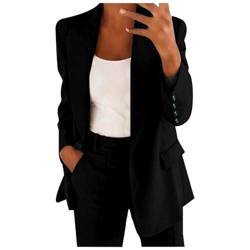 Conjunto de Traje Talla Grande, Trajes de 2 Piezas para Mujer Elegante, Chaqueta de Manga Larga con Bolsillos Blazer y Pantalones Corte Ajustado Color Sólido Elástico Trabajo Oficina