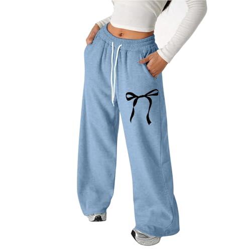 Generisch 2026 - Pantalón de jogging holgado con lazo para niñas, ligera prenda deportiva de pierna recta con bolsillos, conjunto de gimnasia para niñas, azul, 10-11 años