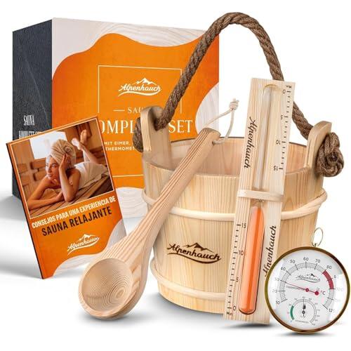 ALPENHAUCH Cubo de sauna con cuchara [100% madera natural] - Cubo de sauna elegante con reloj de arena y termómetro - Accesorios duraderos para sauna - Juego de cubo para sauna (cubo de sauna con