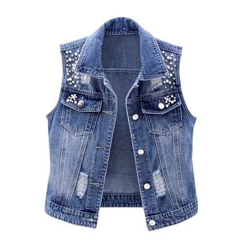 Laquieio Chaqueta Vaquera Mujer Verano Chaleco sin mangas para mujer Cadena Top De OtoñO Camisa Elegante Sudadera Con Bolsillos Tallas Grandes Chaquetas de Transición Oversized Denim Jacket -1