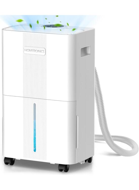 Deshumidificador con Manguera de Drenaje, [8L/Día] Homtronics Silencioso Deshumidificador con Pantalla LED, 3 Modos de Deshumidificación y Temporizador, para Cuarto,Sótano,Baño,Armarios, Autocaravanas
