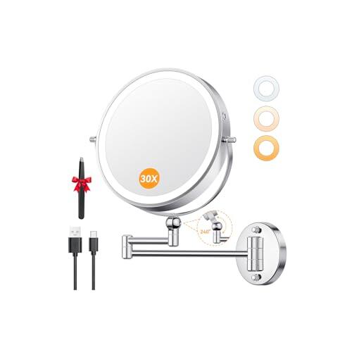 Auxmir 9″ Espejo Maquillaje con Luz 30X/1X Aumento Recargable 5000mAh Doble Cara Giratorio 360 Altura Ajustable Grande Baño Pared Brazo Extensible USB, 3 Colores Brillo Regulable, Plata