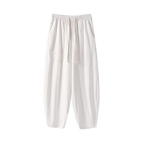 Generisch Pantalones de chándal para hombre, pantalones casuales sueltos y rectos, de algodón, pantalones bombachos de verano, pantalones casuales, transpirables, Blanco, XXL