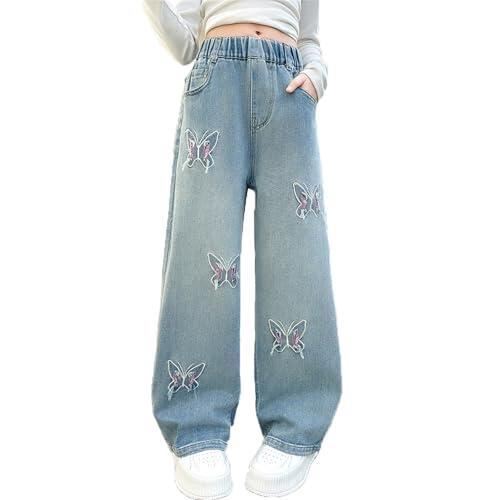 Generisch 2025 Pantalones vaqueros para niñas, estilo desgastado, cintura elástica, baggy, denim, pierna ancha, para niñas, 152, azul, 11- 12 años