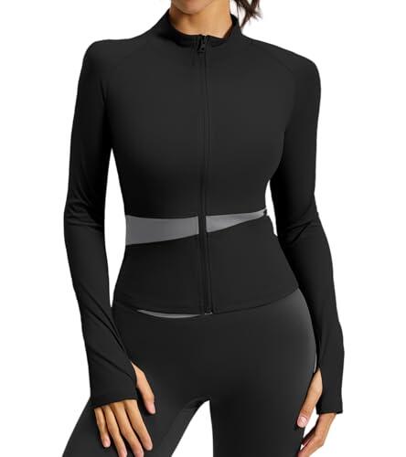 ATRACTIVOLL Chaqueta Deportiva Mujer Manga Larga Corriendo Tops Ligero Transpirable con agujeros para el pulgar con Cremallera Yoga Ropa Ajustada Chaqueta de Entrenamiento Fitness Correr Gimnasio