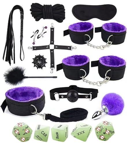 QiKKago Un conjunto de 12 disfraces de nylon púrpura rendimiento hombres con 5 accesorios brillantes de dados fluorescentes, anillos negros y accesorios anti-cola. K+4