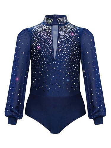JEATHA Maillot De Baile Latino Jazz Para Niños Leotardo Manga Larga Elástica Leotardo Brillantes De Gimnasia Rítmica Body De Bailarina Actuacion Azul marino 15-16 años