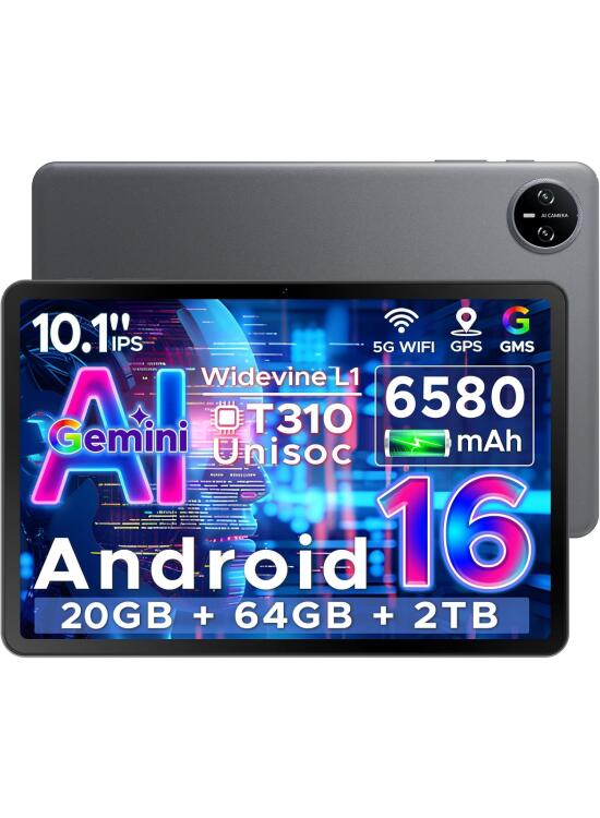 DOOGEE Tab A9 Android 16 Tablet 10 Pulgadas Gemi AI, Unisoc T310, Tablet para Niños 6580mAh, 20GB RAM/64GB ROM, Cámara Principal 8MP, Tablets Altavoces Duales, Bluetooth 5.0, OTG, Jack 3.5mm, Face ID