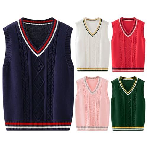 Chaleco unisex sin mangas para uniforme escolar, chaleco de punto para otoño e invierno, cuello en V, chaleco de punto 2025, chaleco de punto de rombos, A-azul marino, 13-14 años