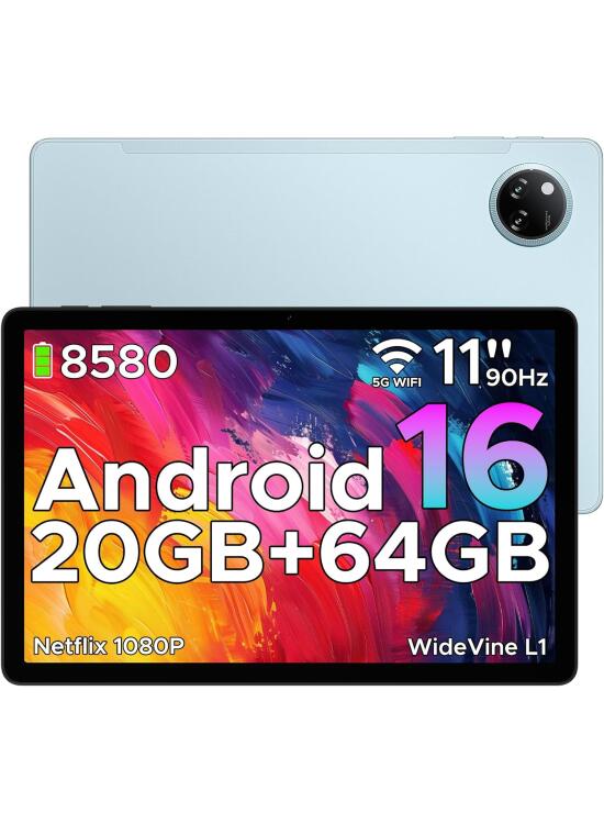DOOGEE Tab A9+ Android 16 Tablet 11 Pulgadas, Tablet Baratas y Buenas 8580mAh, Tableta Infantil 20GB RAM+ 64GB ROM (TF 2TB), Cámara Principal 13MP, FM/Face ID/WidevineL1/OTG/GPS/Jack 3.5mm, Azul