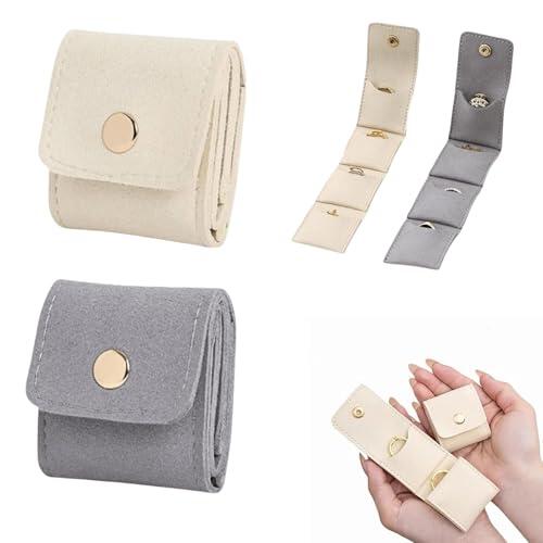 AABDTYYD Mini Bolsa de Viaje para Joyería – Bolsa para Joyería plegable y segura, compacta para pendientes, anillos y collares. Ideal para viajes, cumpleaños y regalos (Beige + Gris)