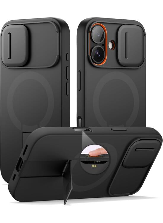 SURITCH Funda Magnética Compatible con iPhone 17, Carcasa de amortiguación a Prueba Protectora con Tapa de cámara Deslizante y Soporte Ajustable(Negro)