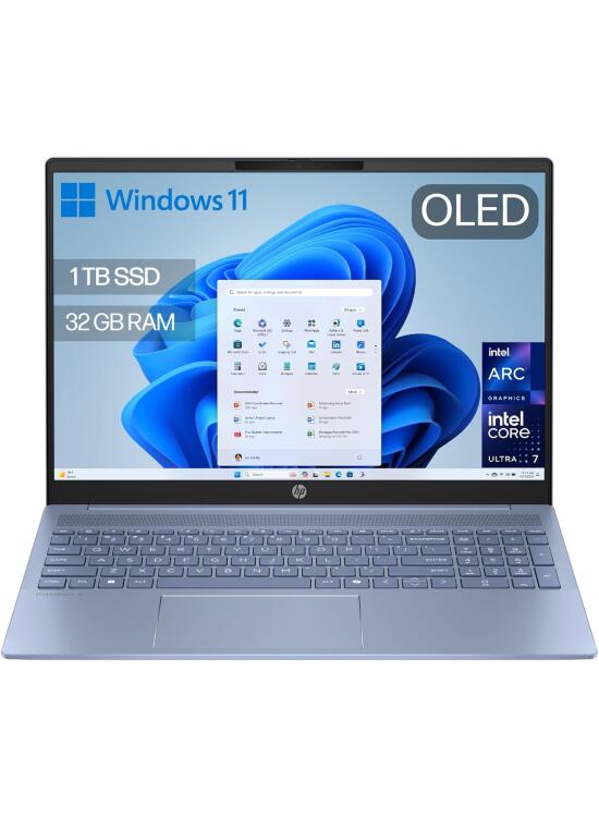HP OmniBook 5 AI - Ordenador Portátil de 16" OLED 2K (Procesador Intel Core Ultra 7-255U, 32GB RAM, 1TB SSD, Gráficos Intel, Windows 11 Home) Azul - Teclado QWERTY Español