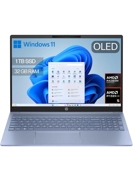 HP OmniBook 5 16″ OLED, Ordenador portátil (Procesador AMD Ryzen AI 5 330, 32GB RAM, 1TB SSD, Gráficos AMD Radeon 820M, Windows 11 Home) Azul - Teclado QWERTY Español