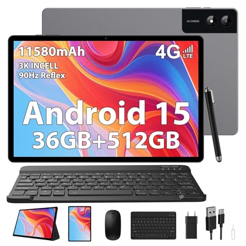 Tablet 13 Pulgadas con Android 15, 36GB RAM+512GB ROM (Extensión 2TB), 2.2GHz Octa-Core con 4G LTE/5G WiFi, 2940x1840 INCELL, Gemini AI, 11580mAh, 13MP+8MP, BT5.0/GPS/Tablet con Teclado(Gris)