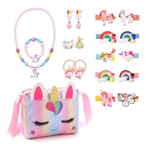 KDISHKRA 20 Piezas Unicornio Joyas Set, Regalos de Unicornio para niñas, Conjunto de Bolso y Joyería con Collar de Unicornio Pulsera Pendientes Anillo Horquillas Coleteros, Regalo para Niñas 3-9 Años