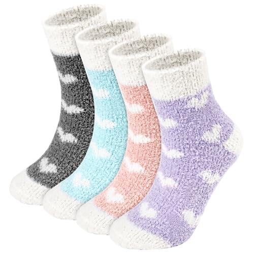 Leikedun 4 Pares Calcetines Calentitos Mujer, Calcetines Térmicos para Andar por Casa y Dormir, Suaves Calcetines de Felpa Abrigados, Talla Única 36-40, Colores Navideños