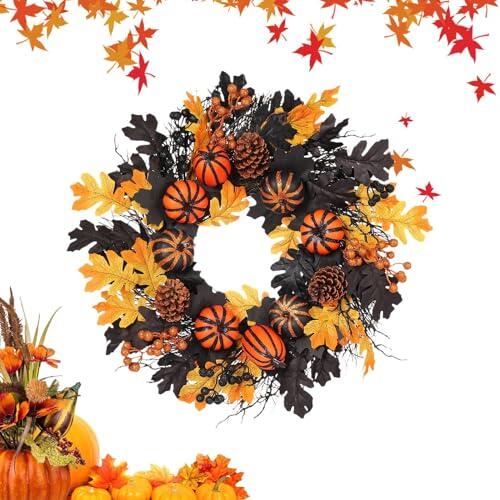 Forma de Halloween - Hojas de calabaza artificial, Garland de arce de otoño | Colgadora de puertas de temporada con colores de vibrantes para ventana de pared Balcón de porche de jardín Interi