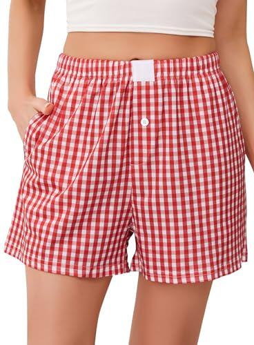Lovasy Pantalones Cortos Mujer Verano Cuadros Pantalón Pijama Mujer Dormir con Cordón,Rojo,S