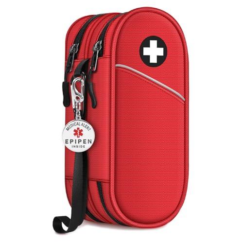 SITHON Epipen Bolsa con Etiqueta de Alerta EPIPEN Inside, Portátil Medicamentos Estuche de Viaje Doble Capa, Diabética Organizador para 2 EpiPens y Allergy Medicine Essentials, (Rojo)