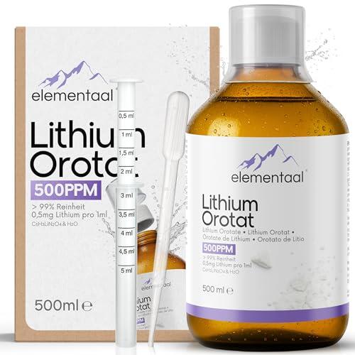 Elementaal Lithium Orotate >99% 500 PPM 500 ml | ml contiene 0.5 mg de litio elemental = 500 PPM | incl. vaso dosificador de 30 ml, jeringa dosificadora de 5 ml, pipeta de 3 ml & folleto informativo