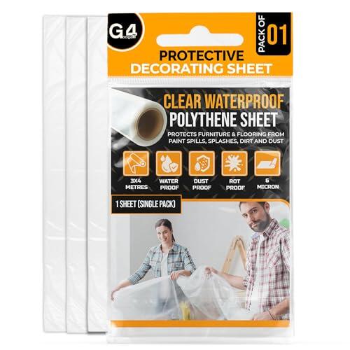G4GADGET Láminas de plástico antipolvo para decoración de 3 x 4 m, lámina de polietileno impermeable transparente, protección de pintura de 6 micras, protector de suelos y alfombras, cubierta de