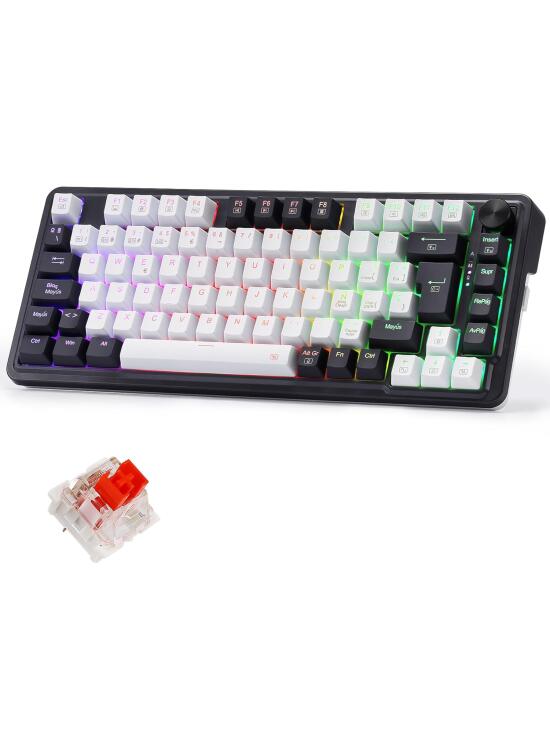 Redragon K673 Pro 75% Gasket RGB Teclado Mecánico, Teclado Gaming con Perilla, 82 Teclas, 2.4Ghz/BT/USB-C, Espumas Absorbentes de Sonido, Hot-Swap Interruptor Rojo, 4000mAh batería, QWERTY Español