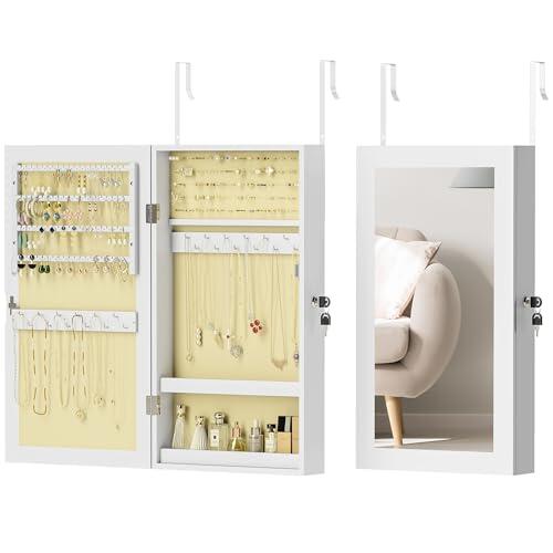 HOMCOM Espejo Joyero de Pared Armario para Joyas con Cerradura y Varios Compartimentos Montar en Pared o Puerta para Pendiente Collar Anillo Pulsera Blanco y Forro Crema