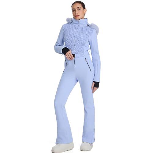 HOTIAN Traje de esquí de una pieza para mujer, impermeable, resistente al viento, traje de nieve para mujer, traje de invierno, cálido, snowboard, con capucha, azul, M