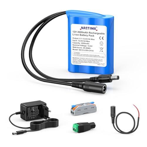 NASTIMA de 2600mAh y 28,08Wh 12V Batería Recargable de Iones de Litio Apta para Cámaras, Videocámaras, Reproductores MP3, Teclados Electrónicos, Cámaras CCTV, Routers, etc. Incluye Cargador y Conector