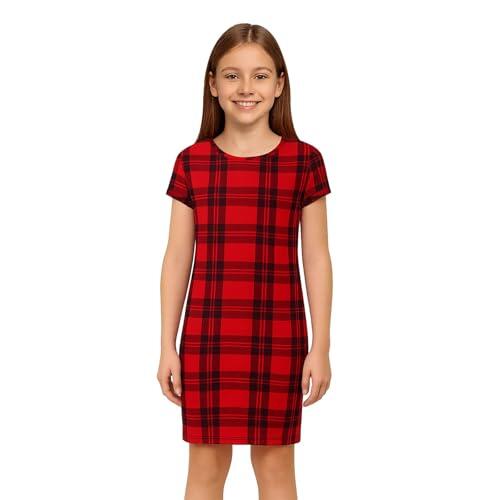 A2Z 4 Kids Vestidos lisos de manga corta para niñas, ajustados, elásticos, entallados, midi, cómodos, para fiestas de verano, de 5 a 13 años, Rojo tartán, 11 años