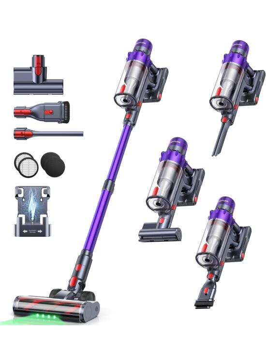 50KPA/600W/65Min(ECO) VAC02 Mejorada Aspiradora sin Cable, Aspiradora Vertical con Cepillo para Colchón, Modo Automático, Cepillo Anti-Enredo, Luz Verde, Fragancia, Carga Mural para Suelos y Alfombras