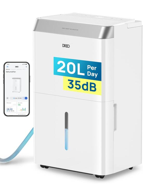 DREO Deshumidificador Inteligente 20 L/24 h, para estancias de hasta 37 m² – eficiente y silencioso – App & Alexa, 3 modos, temporizador, humedad ajustable, tubo de desagüe, dormitorio & baño