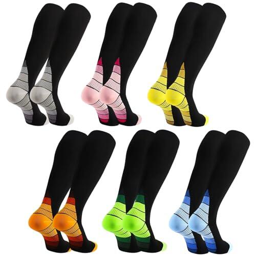 Ecofocet 6 Pares Medias de Compresión Mujer Hombre, Calcetines Compresion, Medias de Compresion Varices, Compression Socks para Deporte Running Avion Viaje Ciclismo, 18-25mmHg (S-M)